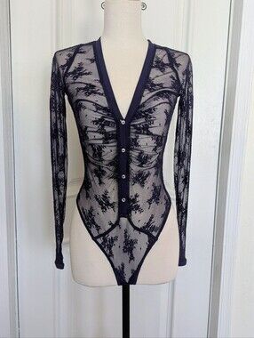 Intimately Free People Blue Sheer Floral Lace Button-Front Long Sleeve Bodysuit